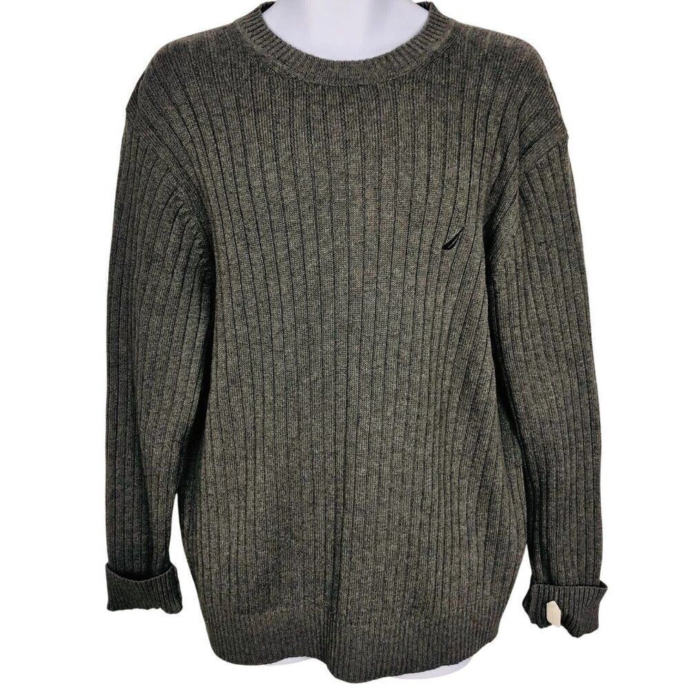 Nautica Sweater Mens L Gray Long Sleeve Crew Neck Knit Ribbed New